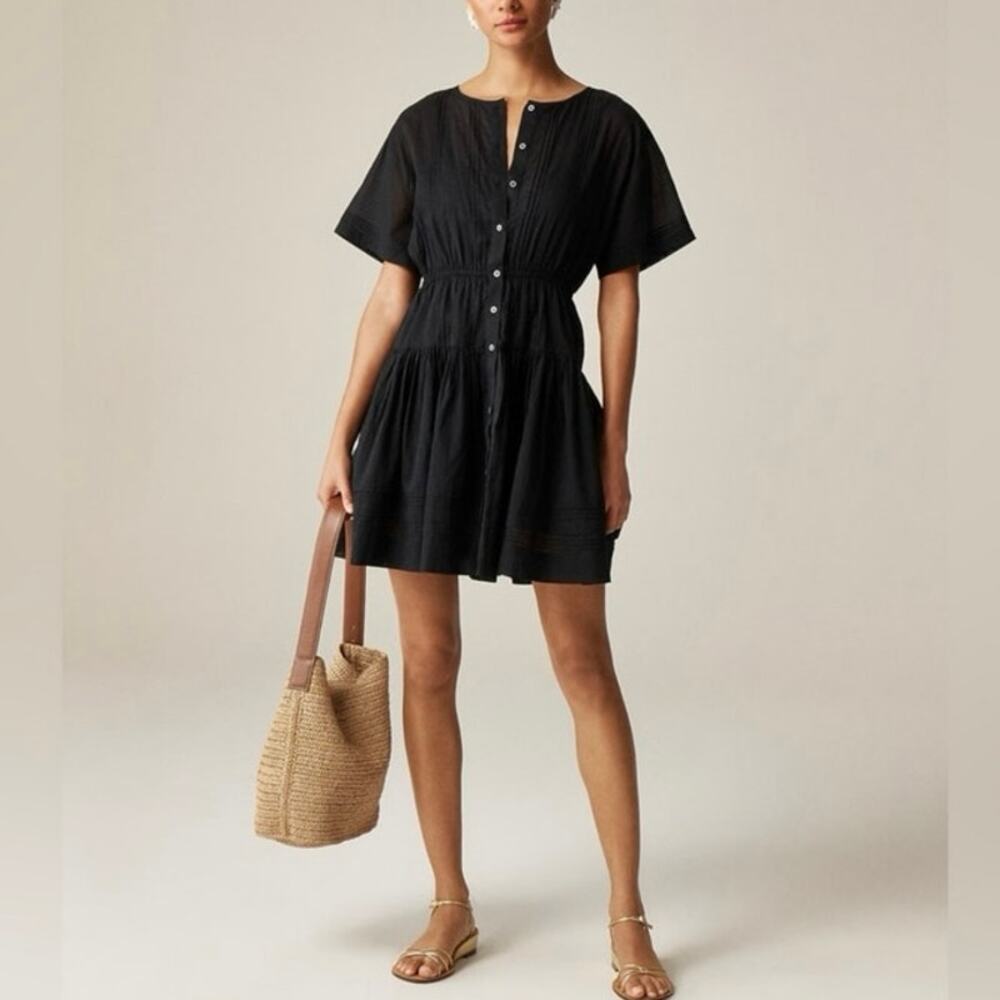 NWT J.Crew Pintuck Mini-Shirt Dress In Cotton Voile Black Size Small